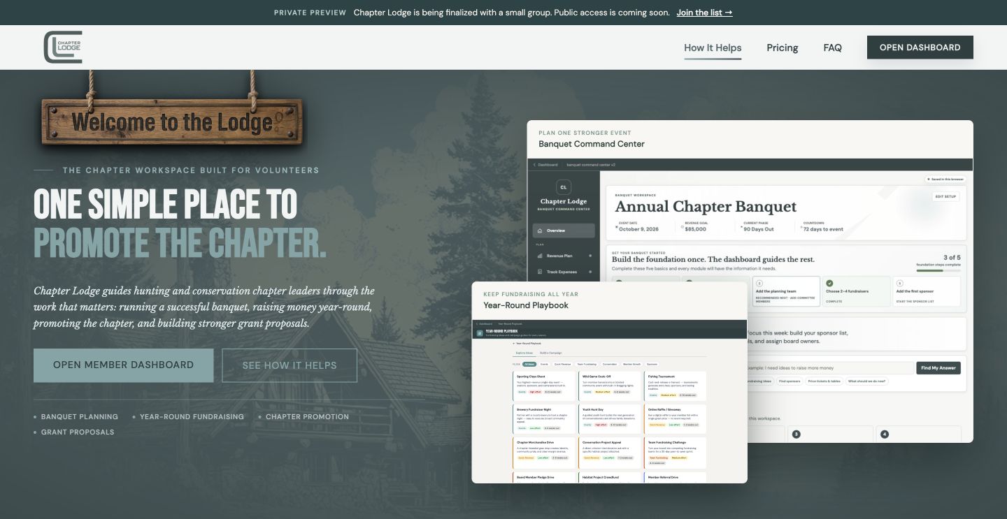 Current Chapter Lodge homepage showing the Banquet Command Center and Year-Round Playbook.