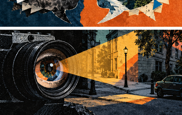 A camera lens casts a warm beam across an ordinary street corner.