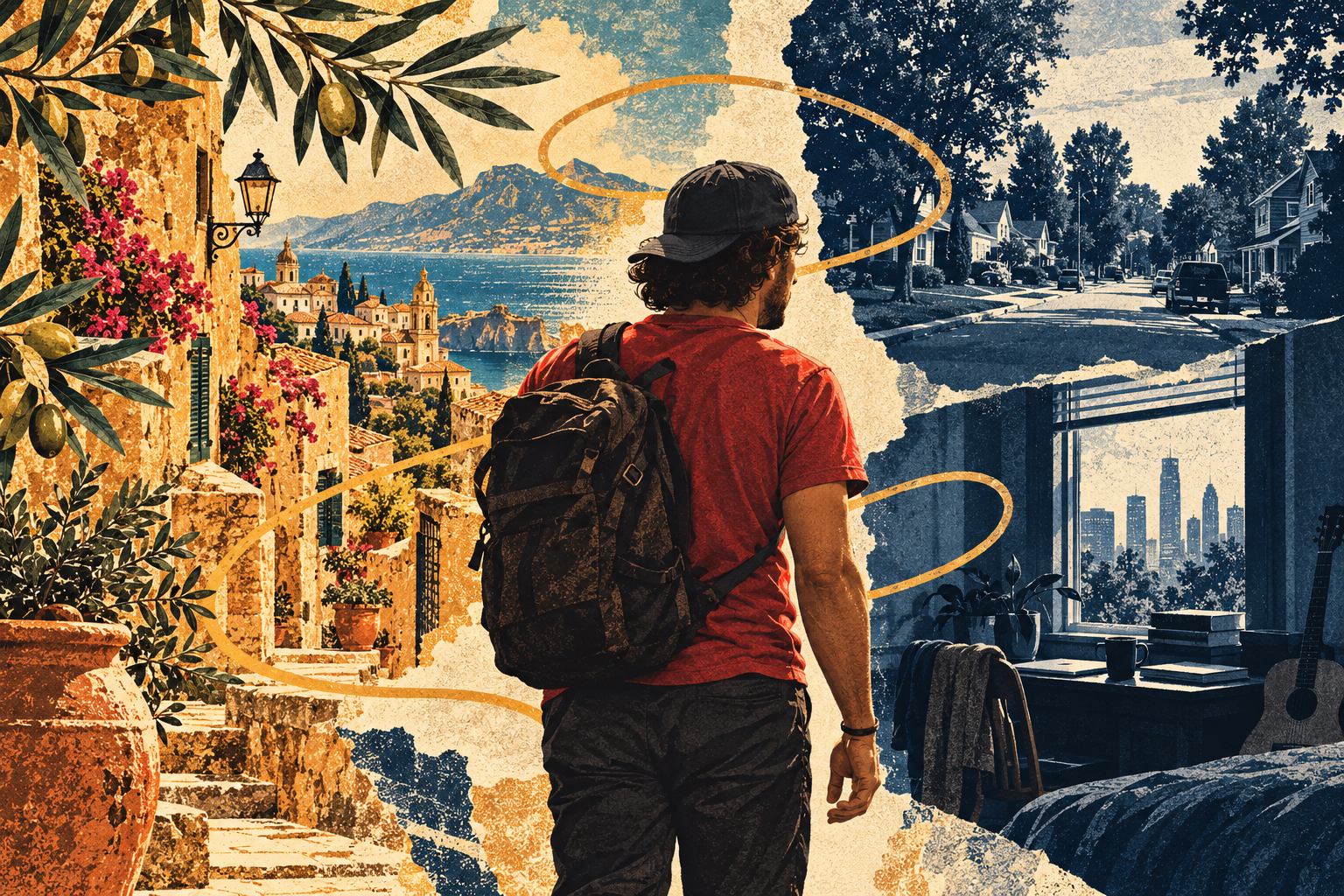 Editorial collage of Johnny in a backwards baseball cap between a warm Sicilian street and a cool American street, connected by a looping ochre path.