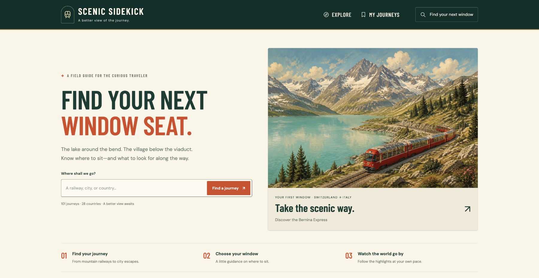 Current Scenic Sidekick homepage showing a search for a journey and a Swiss Alps train route.